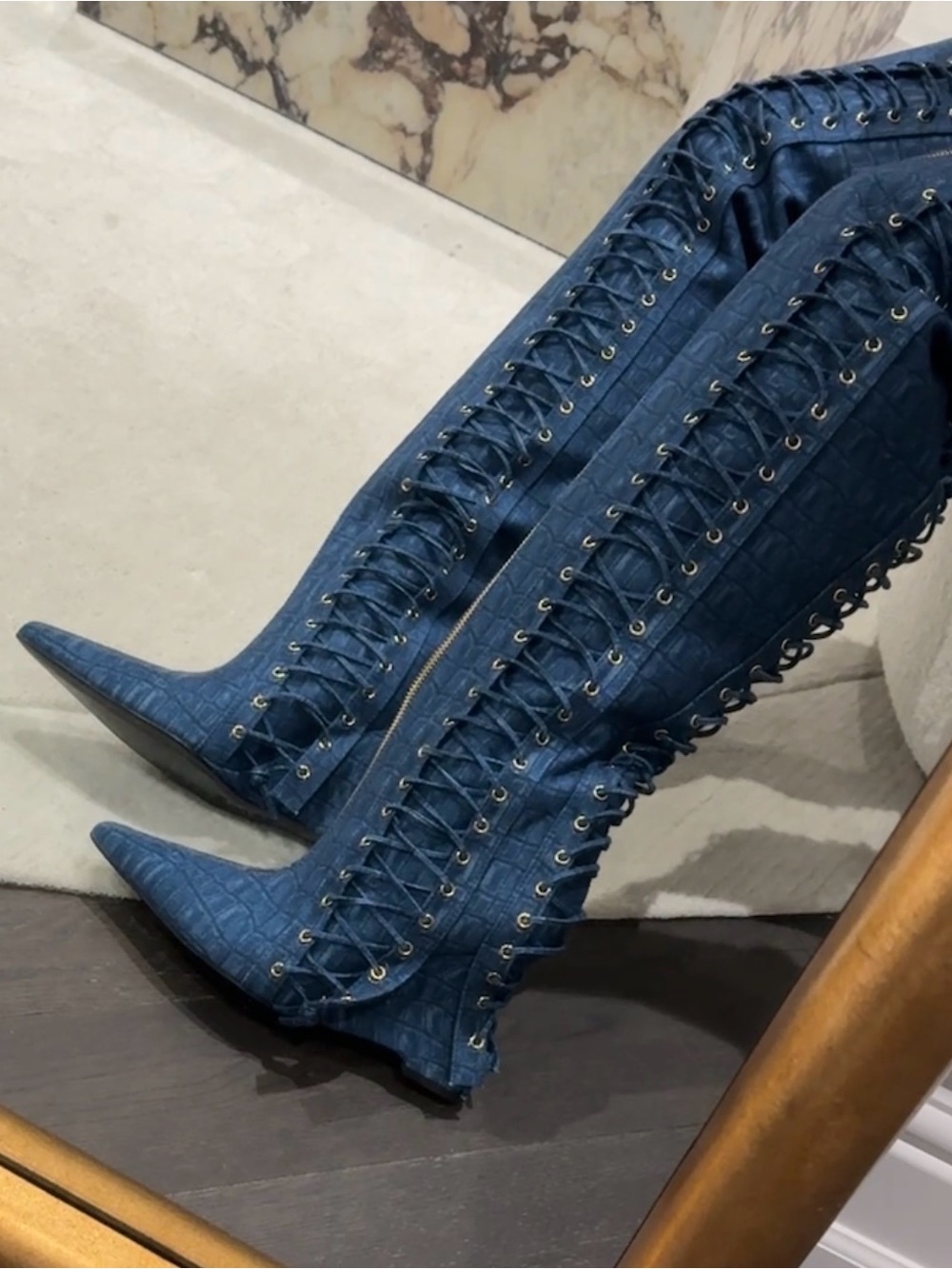 Jennifer Le Denim Croc Corset thigh boots
